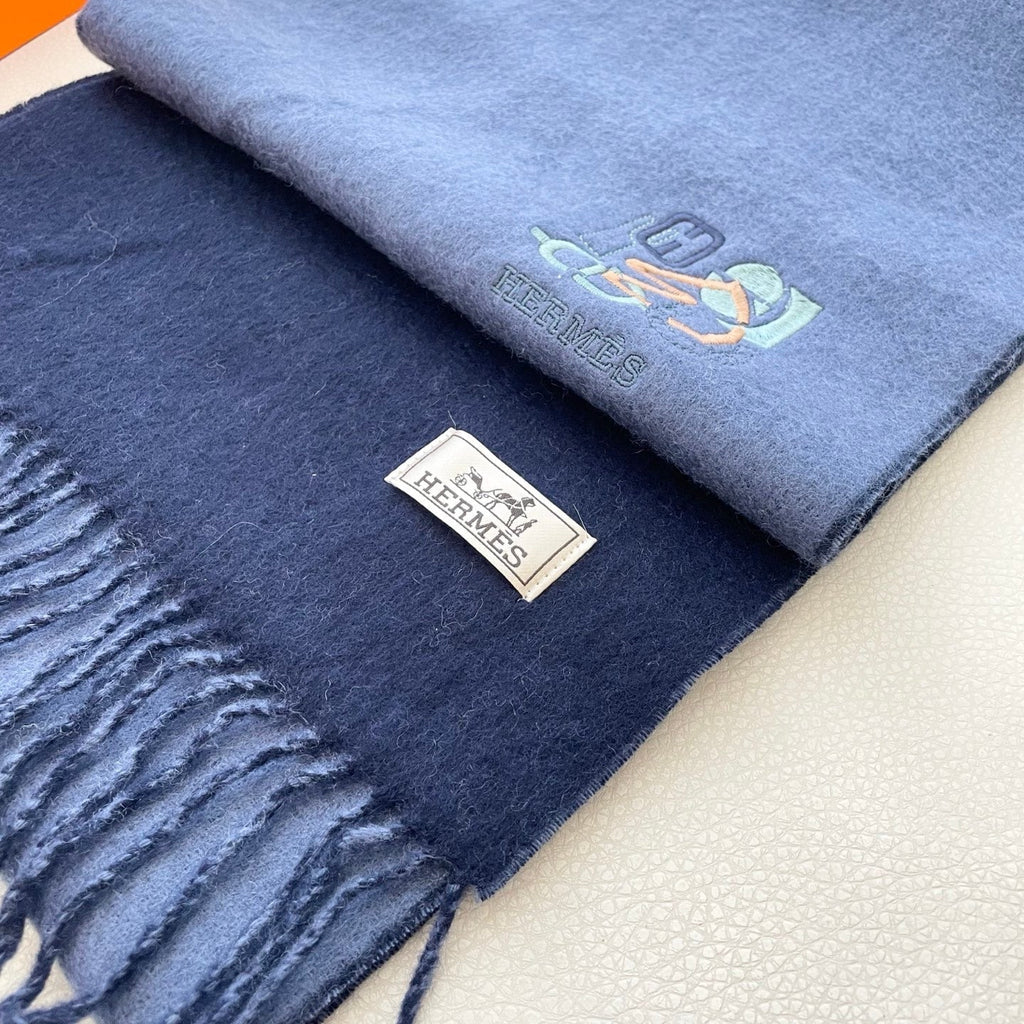 HM 25 Double- Sided Small H Puzzle Scarf 180cm Cashmere Marble Blue Navy Blue 825643