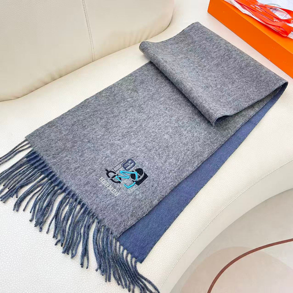 HM 25 Double- Sided Small H Puzzle Scarf 180cm Cashmere Mottled Gray Marble Blue 825641