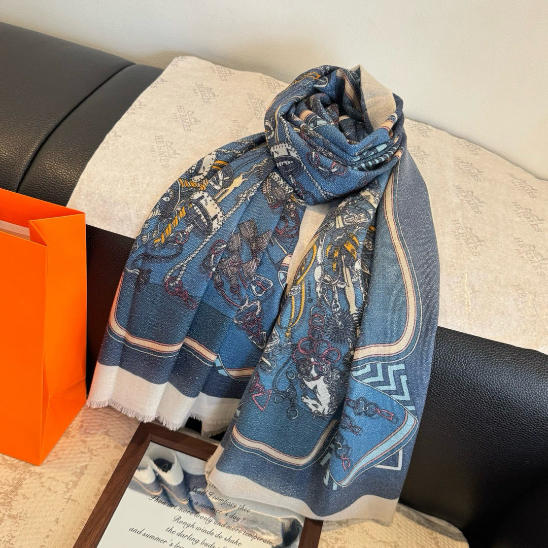 HM Bouquets Sellier Scarf White Blue Cashmere 145875