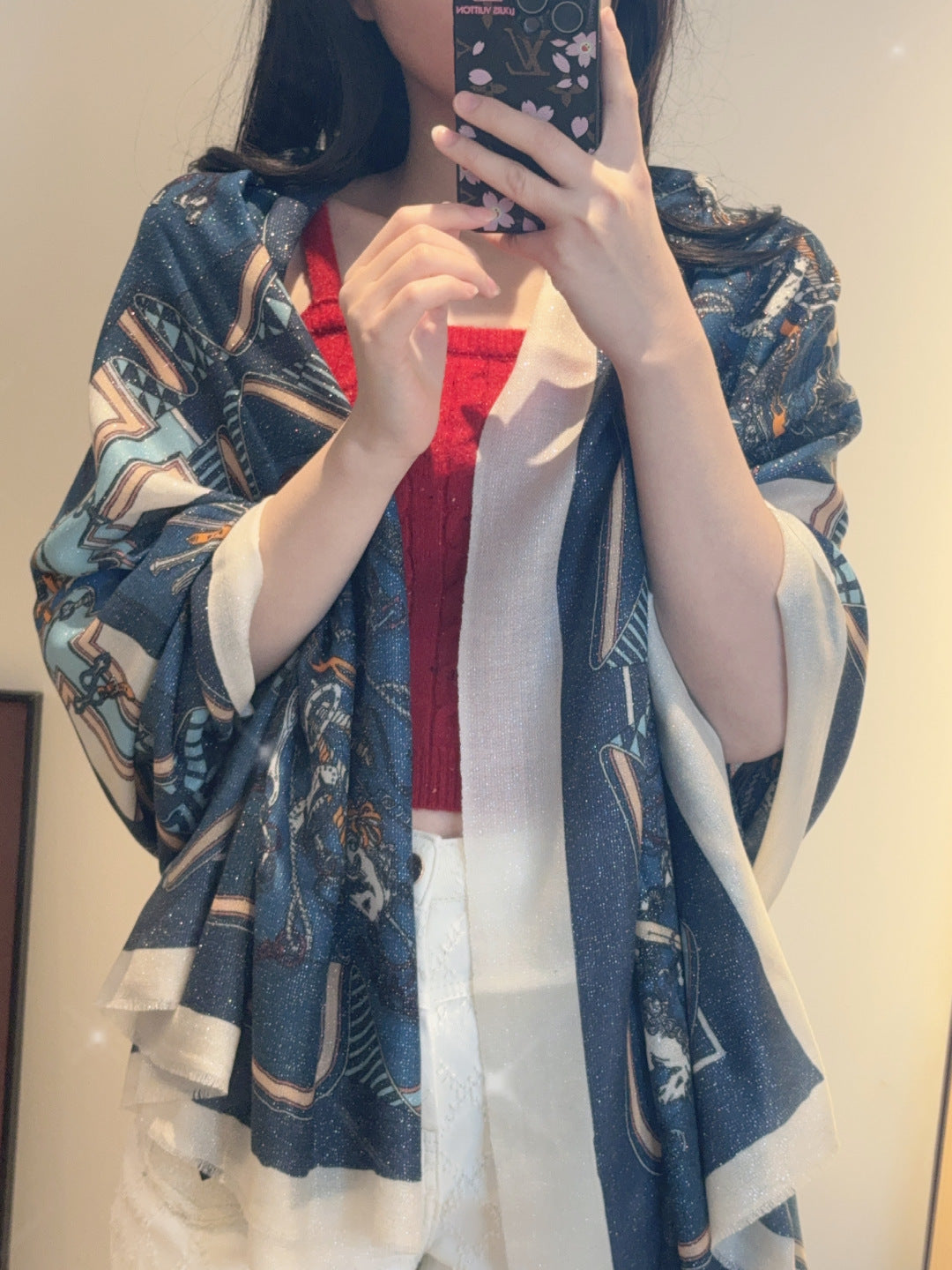 HM Bouquets Sellier Scarf White Blue Cashmere 145875