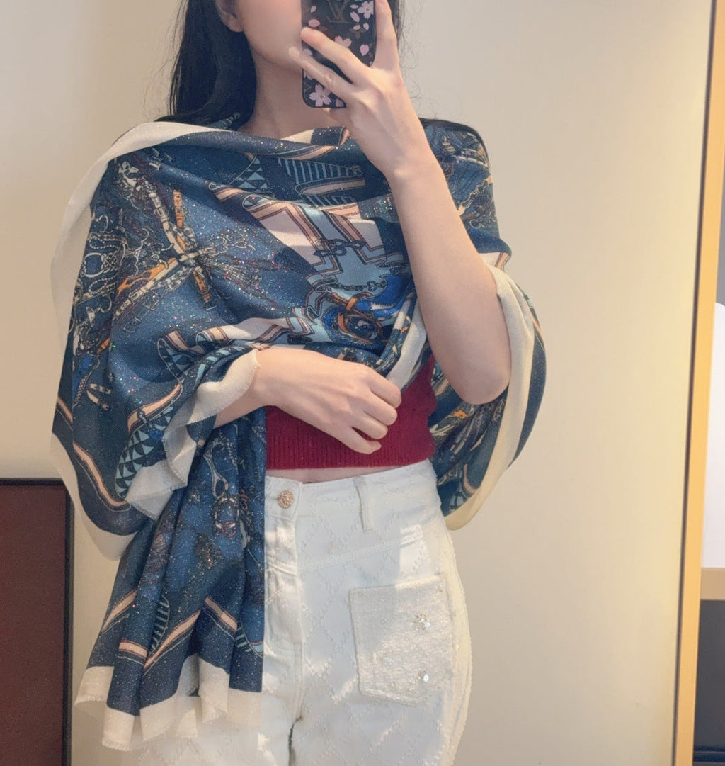 HM Bouquets Sellier Scarf White Blue Cashmere 145875