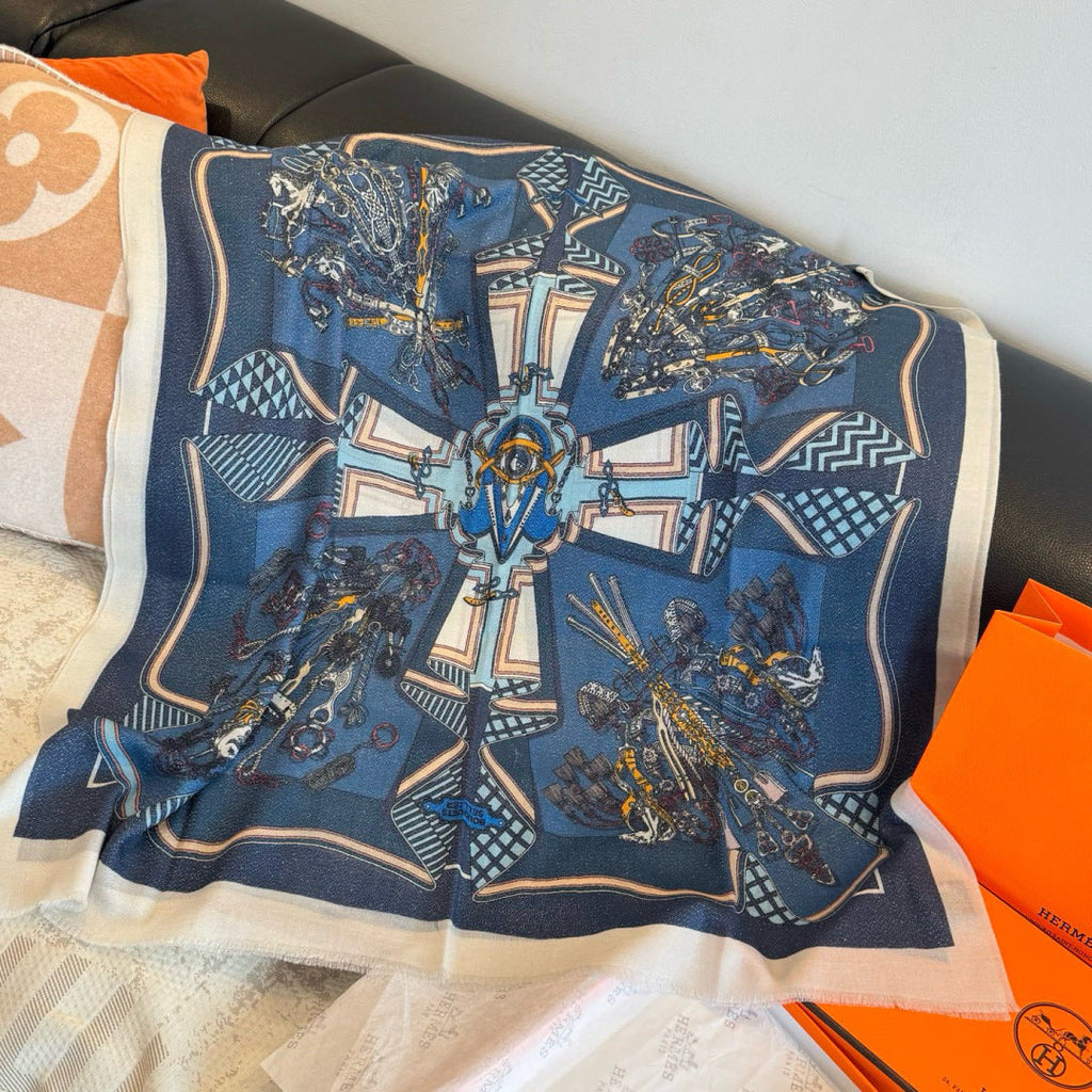 HM Bouquets Sellier Scarf White Blue Cashmere 145875