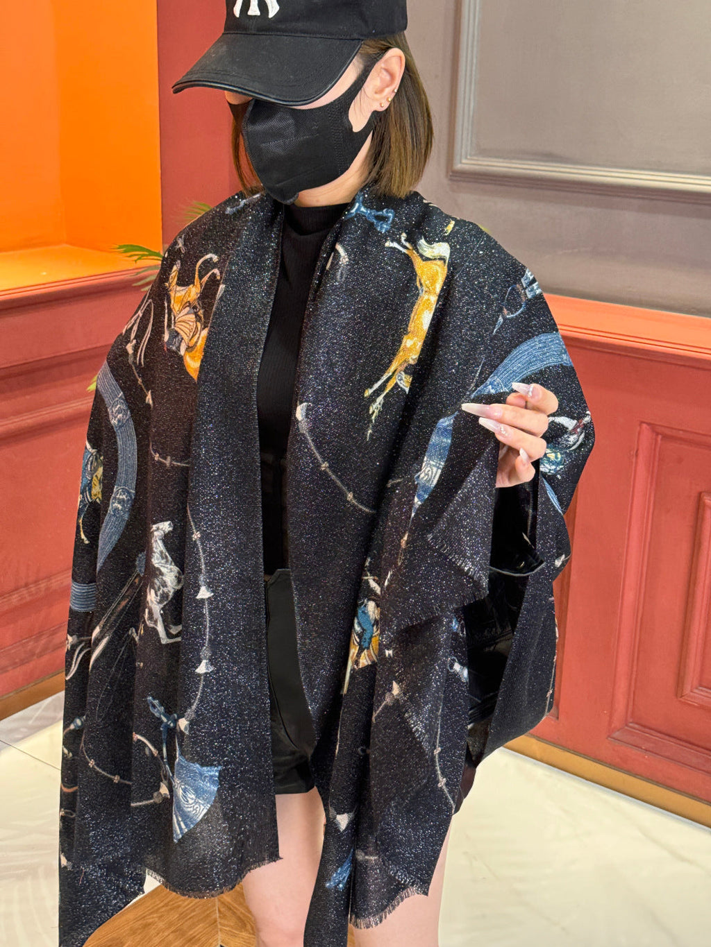 HM 25s Radiant Scarf 200cm Black Blue Cashmere Silk 962392