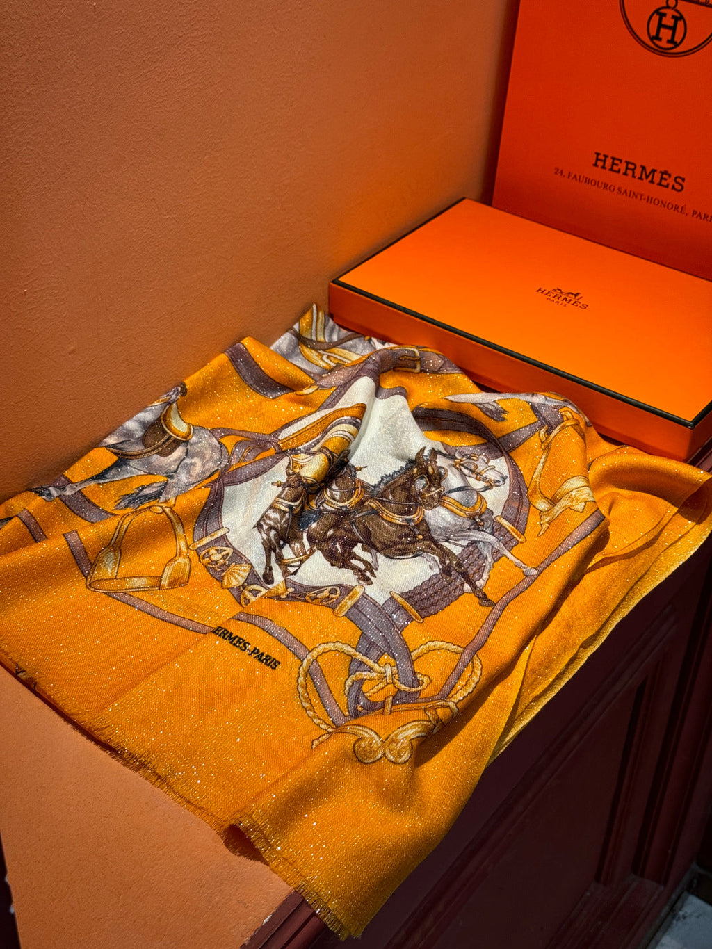 HM 25s Radiant Scarf 200cm Orange Brown Cashmere Silk 962395