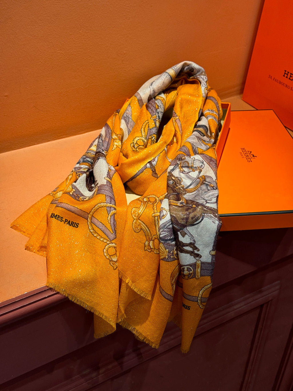 HM 25s Radiant Scarf 200cm Orange Brown Cashmere Silk 962395