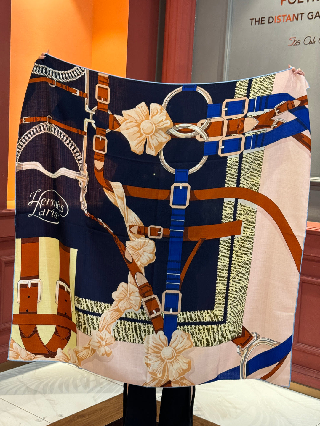 HM 25s Horse Reversible Scarf 140cm Blue Brown Cashmere Silk 967377