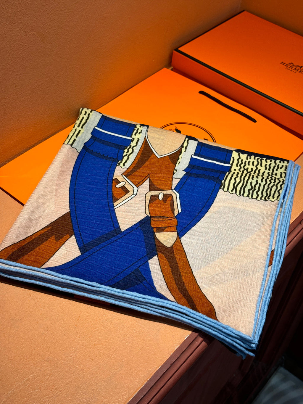 HM 25s Horse Reversible Scarf 140cm Blue Brown Cashmere Silk 967377