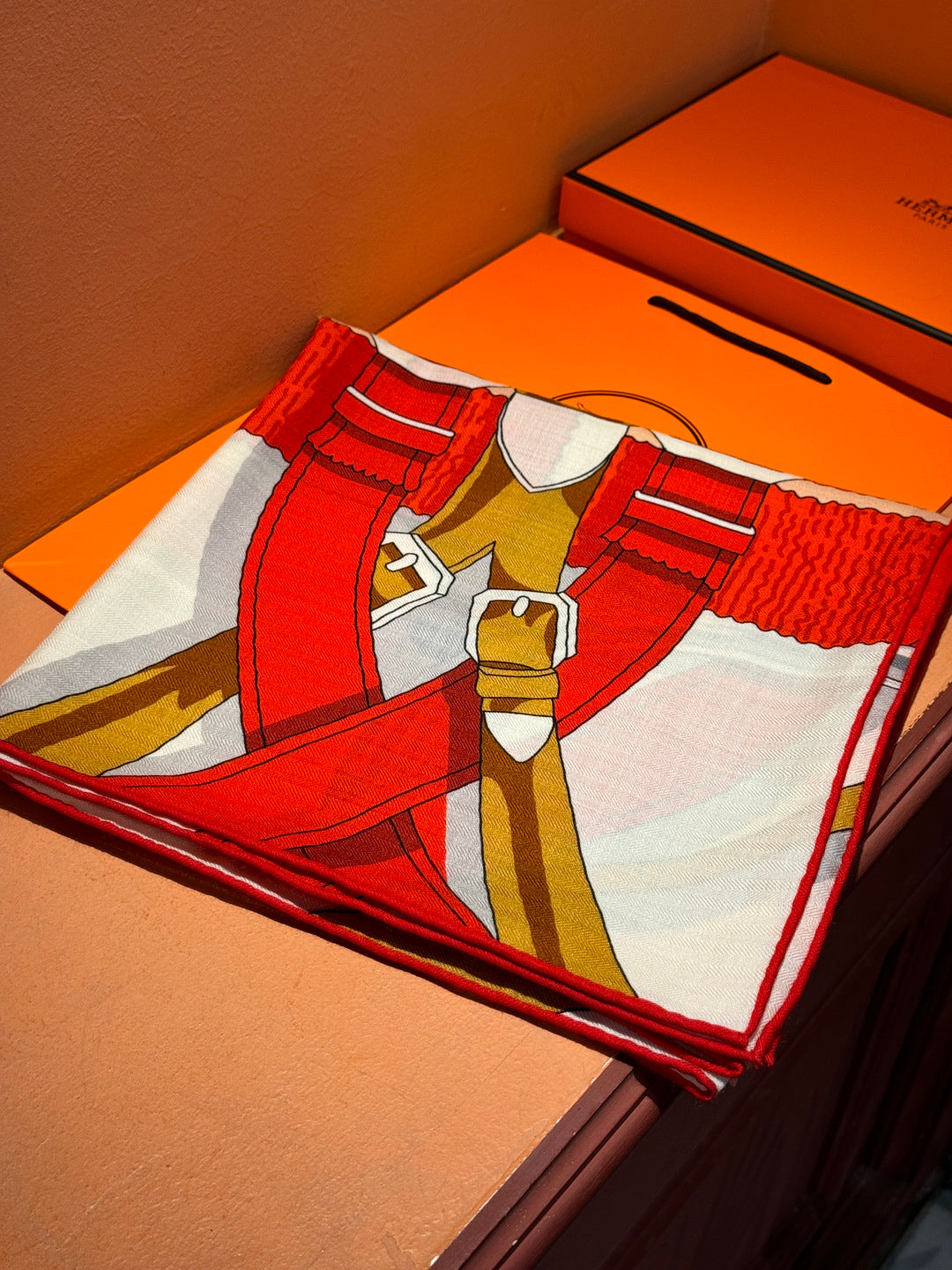 HM 25s Horse Reversible Scarf 140cm Orange Beige Cashmere Silk 967378