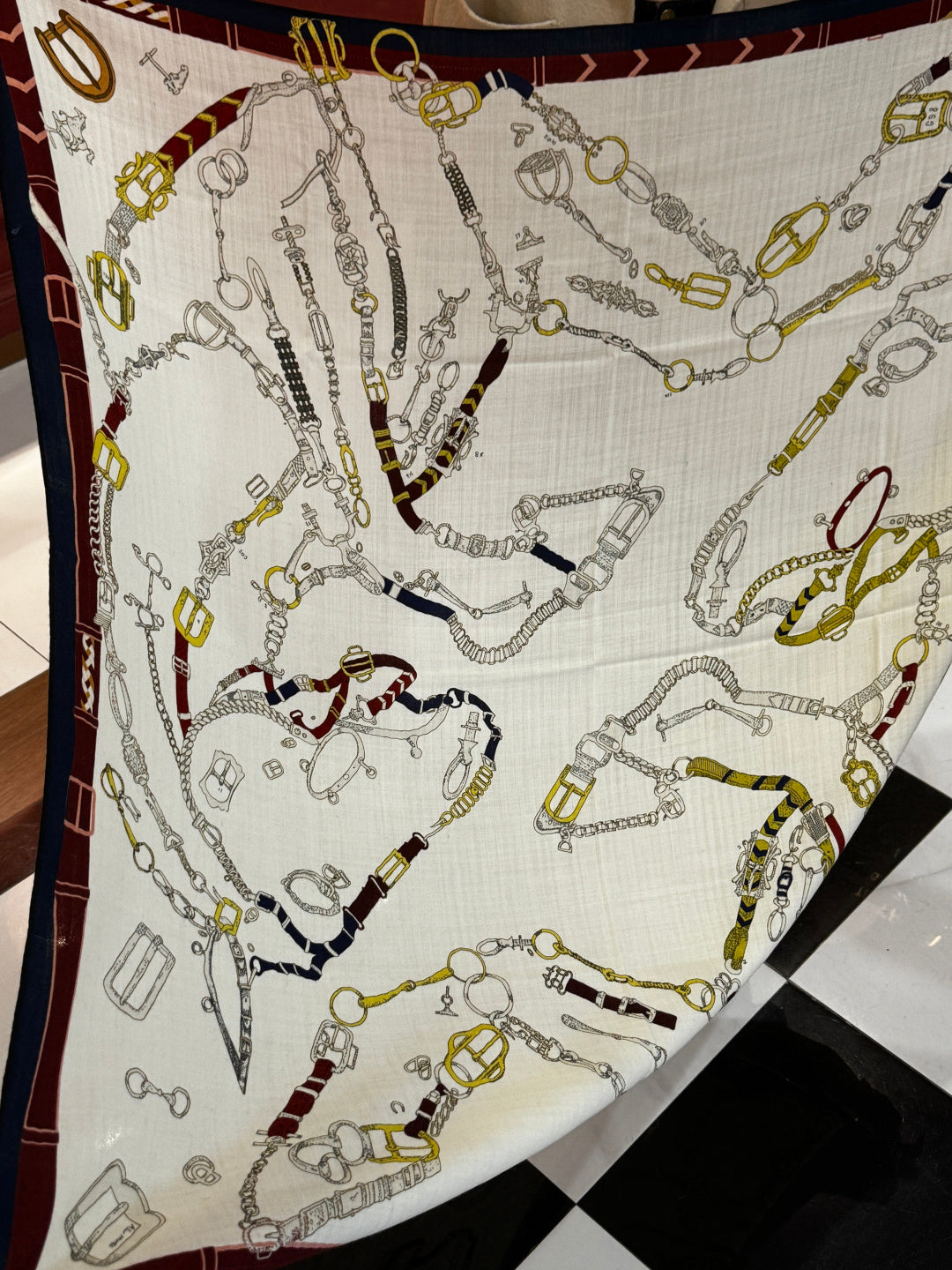 HM 25s Horse Reversible Scarf 140cm Beige Black Cashmere Silk 967393