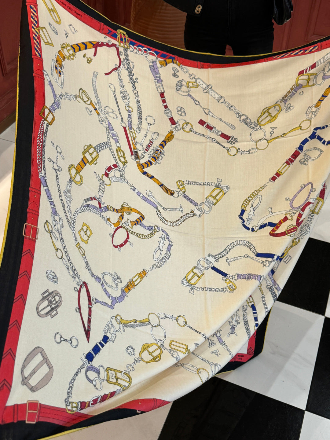 HM 25s Horse Reversible Scarf 140cm Beige Black Red Cashmere Silk 967395