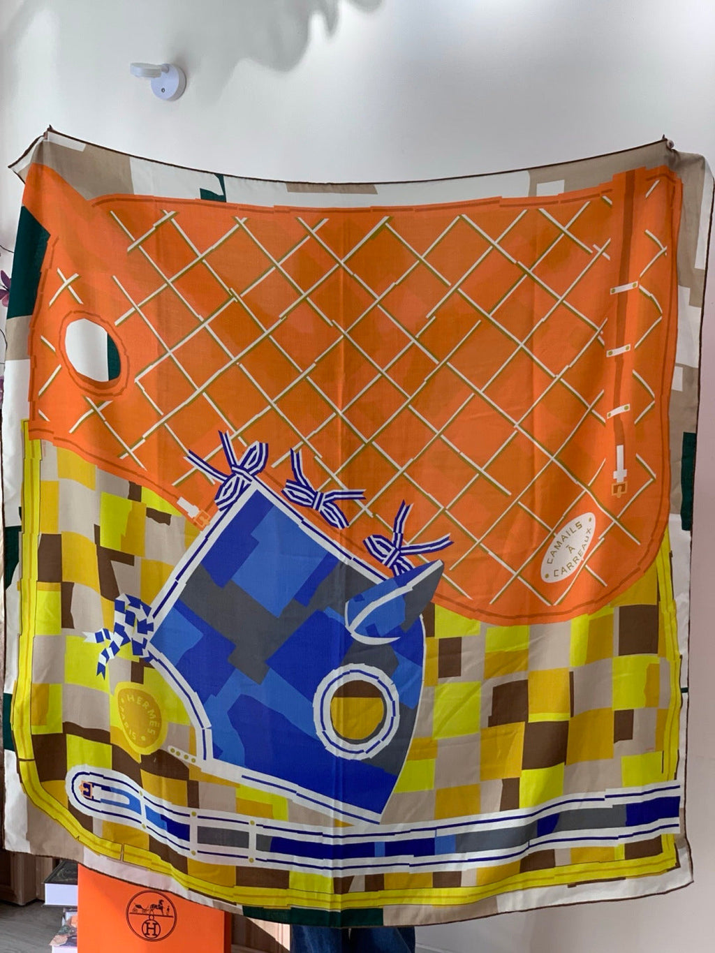 HM 25s Checkered Horse Scarf 140cm Orange Yellow Cashmere Silk 970932
