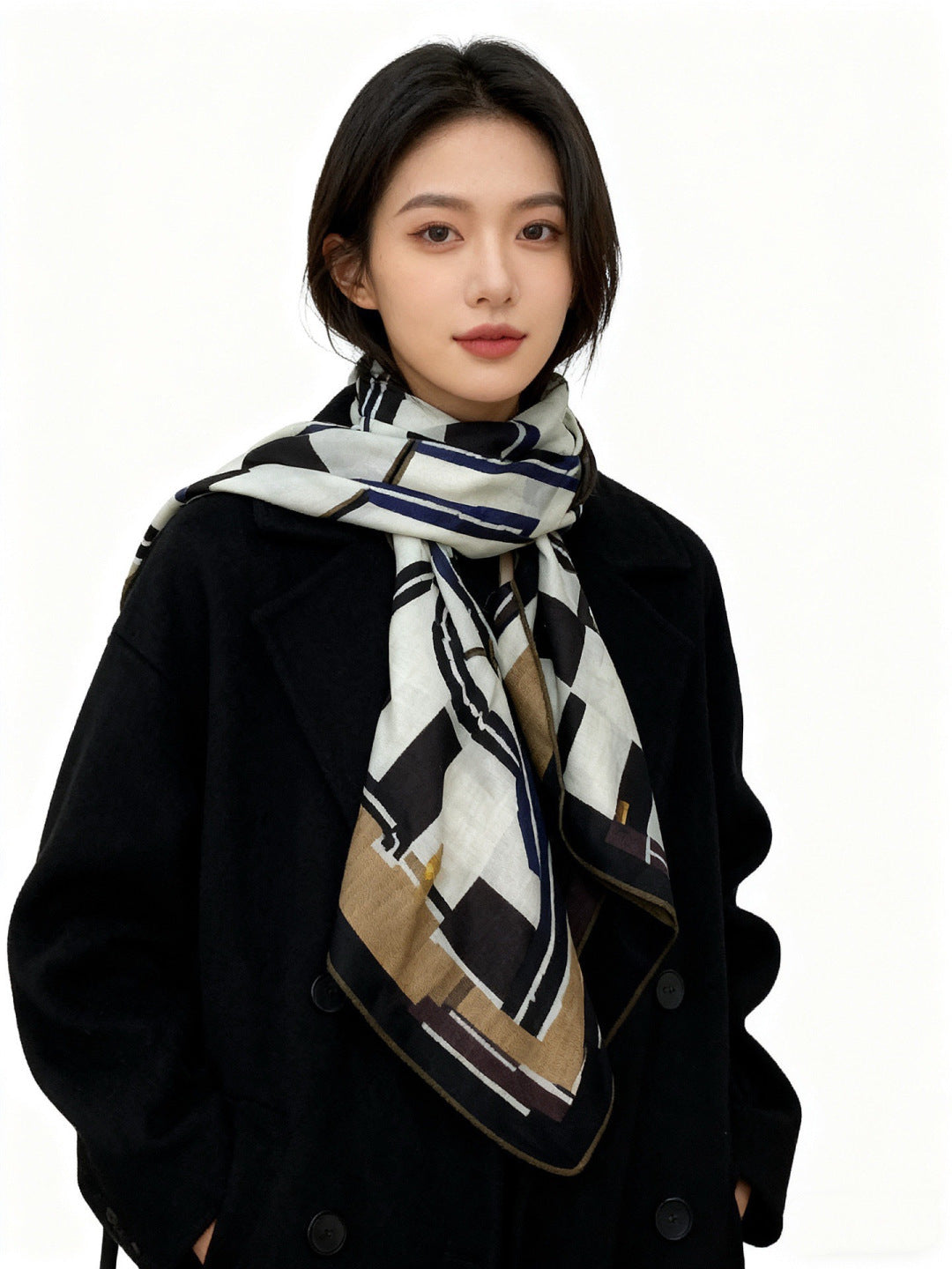 HM 25s Checkered Horse Scarf 140cm Black White Cashmere Silk 970934