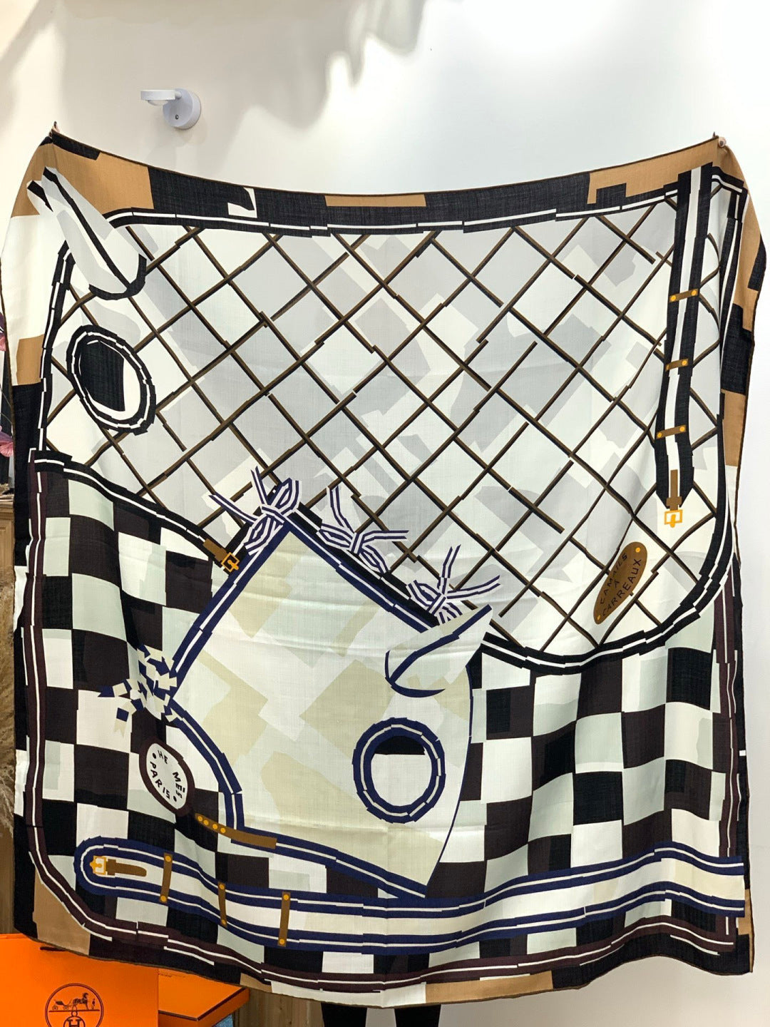 HM 25s Checkered Horse Scarf 140cm Black White Cashmere Silk 970934