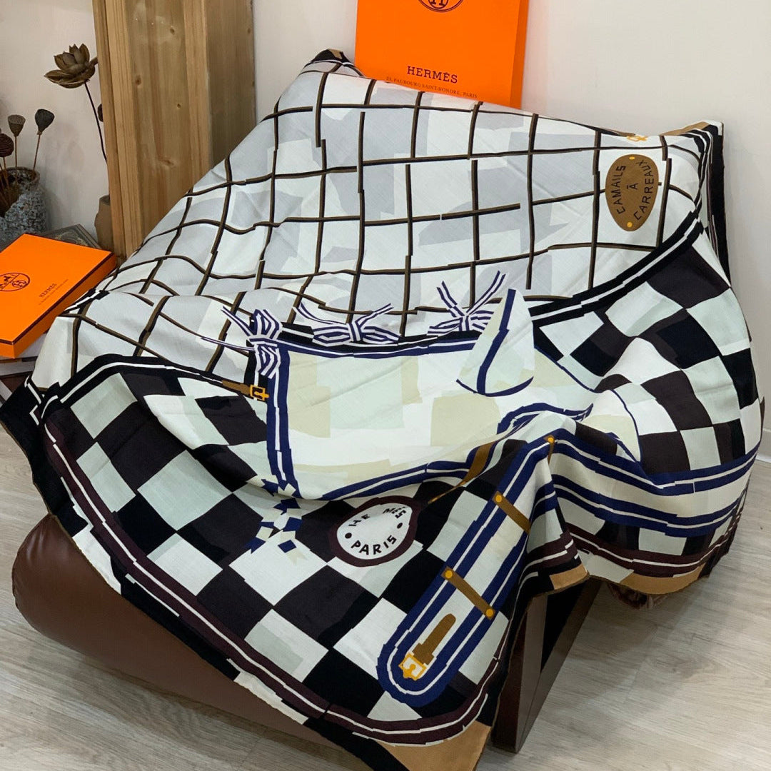 HM 25s Checkered Horse Scarf 140cm Black White Cashmere Silk 970934