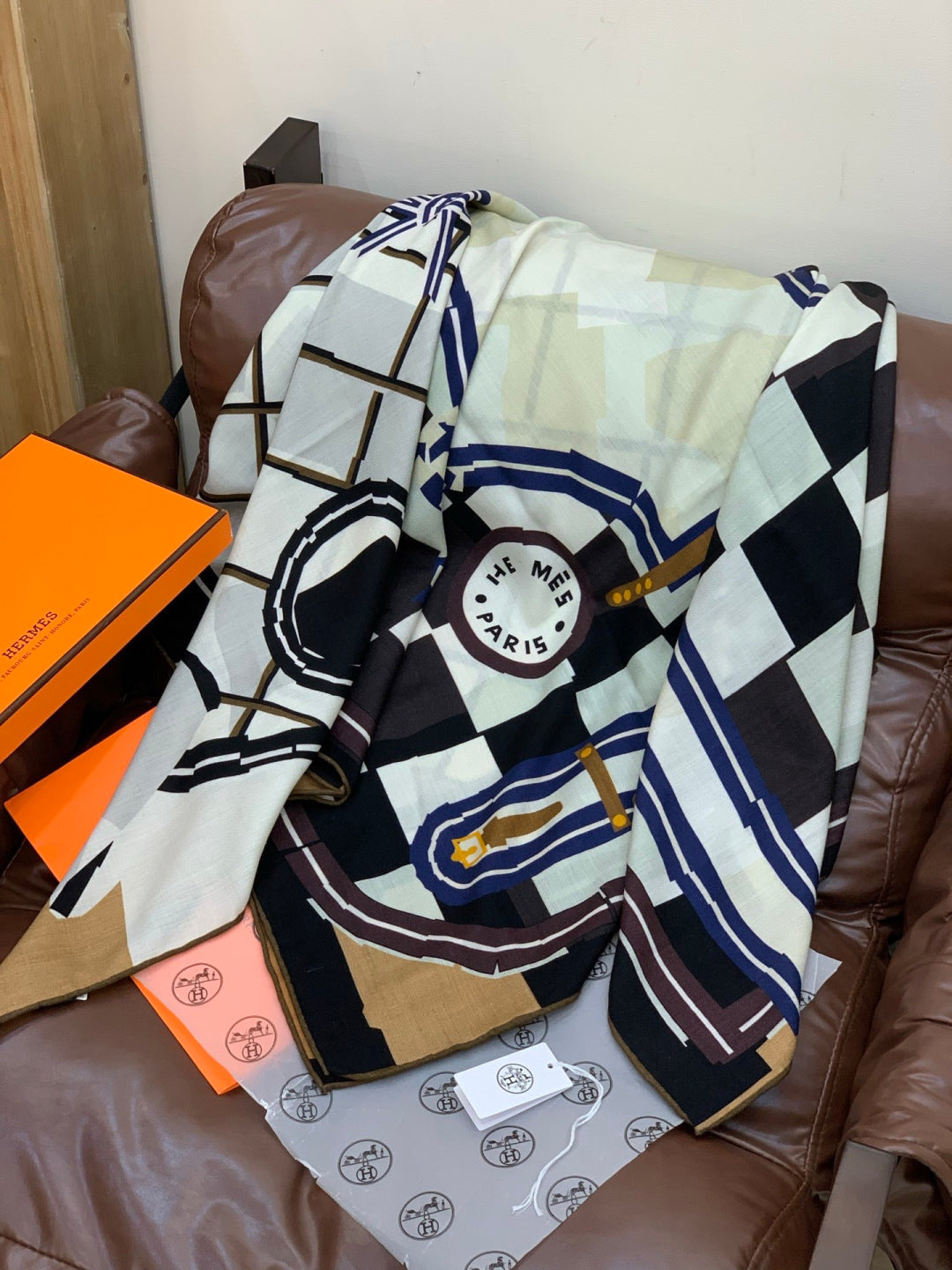HM 25s Checkered Horse Scarf 140cm Black White Cashmere Silk 970934