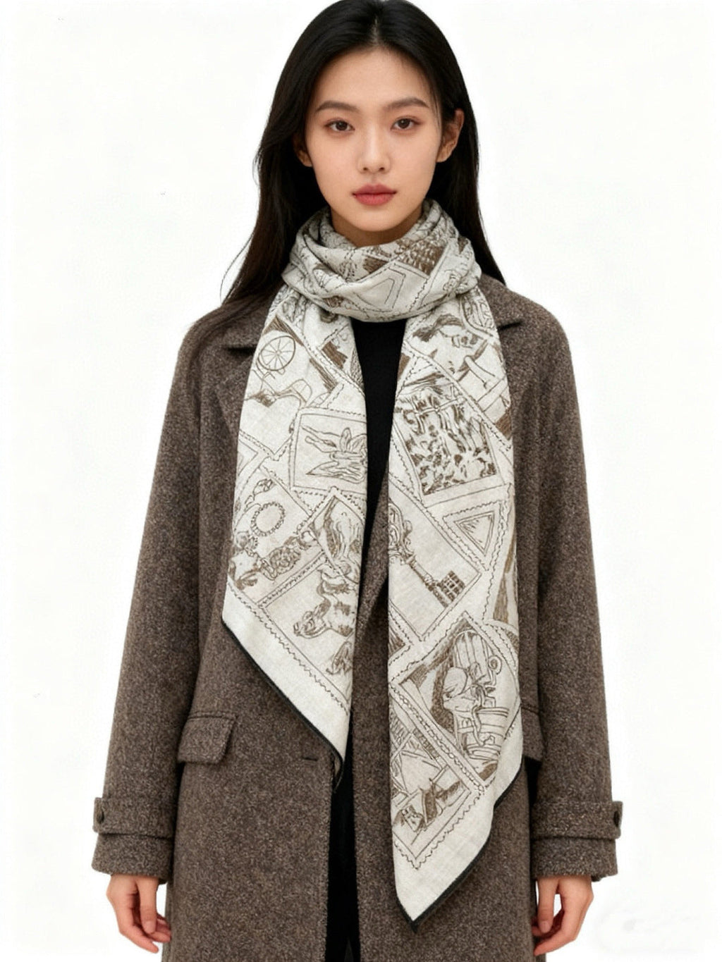 HM 25s Velvet Square Scarf 140cm Light Brown White Cashmere Silk 970936