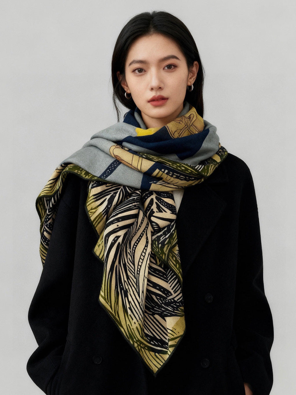 HM 26s Double-sided Scarf 140cm Blue Jean Jaune Silk Cashmere 153141