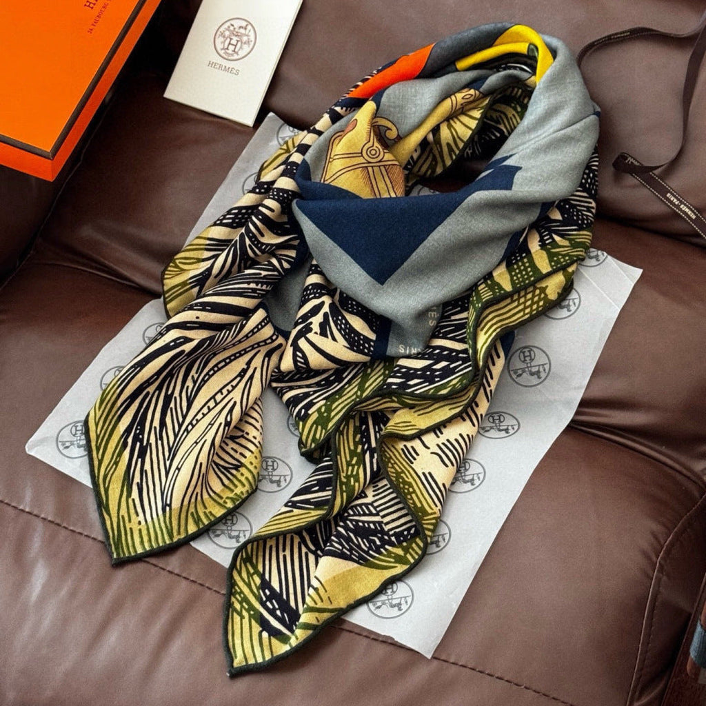 HM 26s Double-sided Scarf 140cm Blue Jean Jaune Silk Cashmere 153141