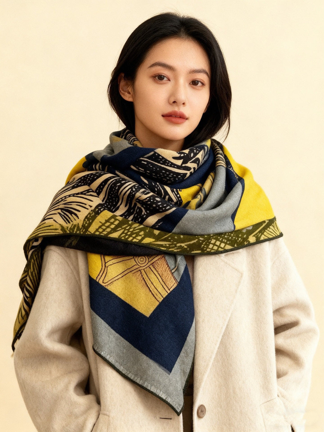 HM 26s Double-sided Scarf 140cm Blue Jean Jaune Silk Cashmere 153141