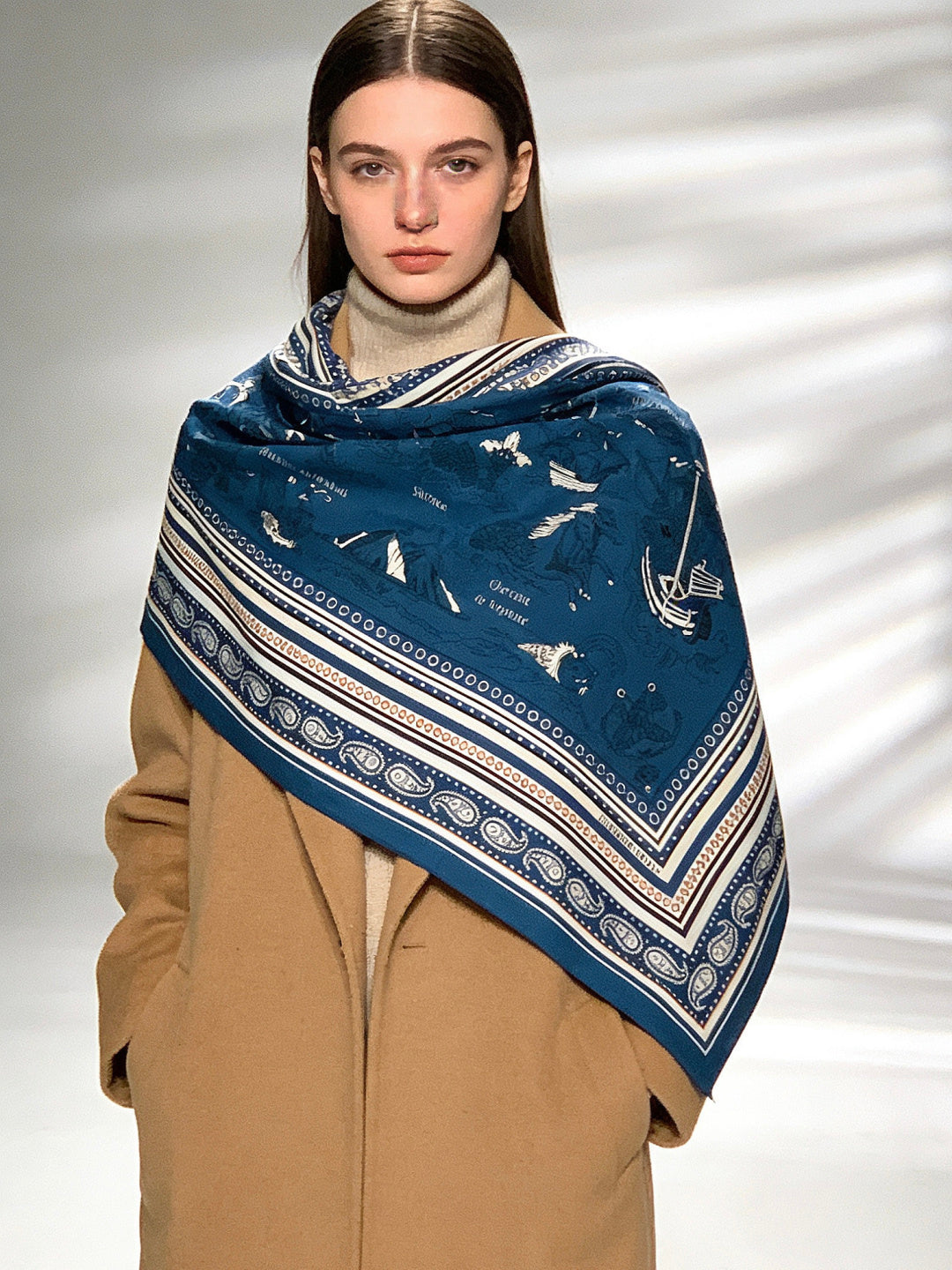 HM 26s Double-sided Scarf 140cm Marine Clair Silk Cashmere 153146