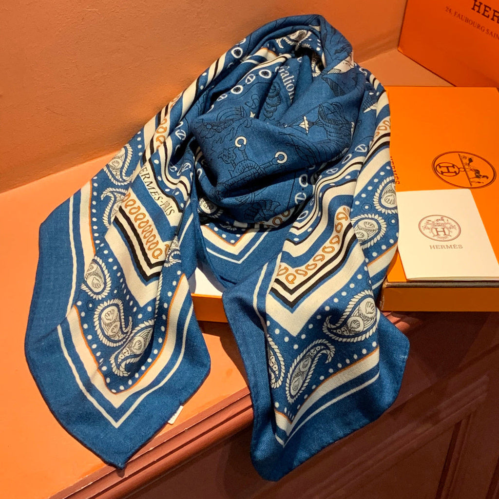 HM 26s Double-sided Scarf 140cm Marine Clair Silk Cashmere 153146