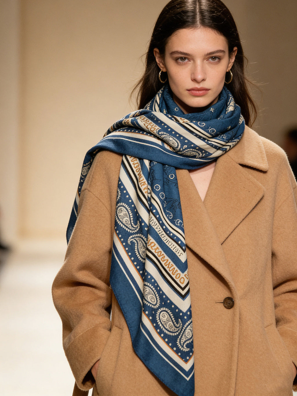 HM 26s Double-sided Scarf 140cm Marine Clair Silk Cashmere 153146