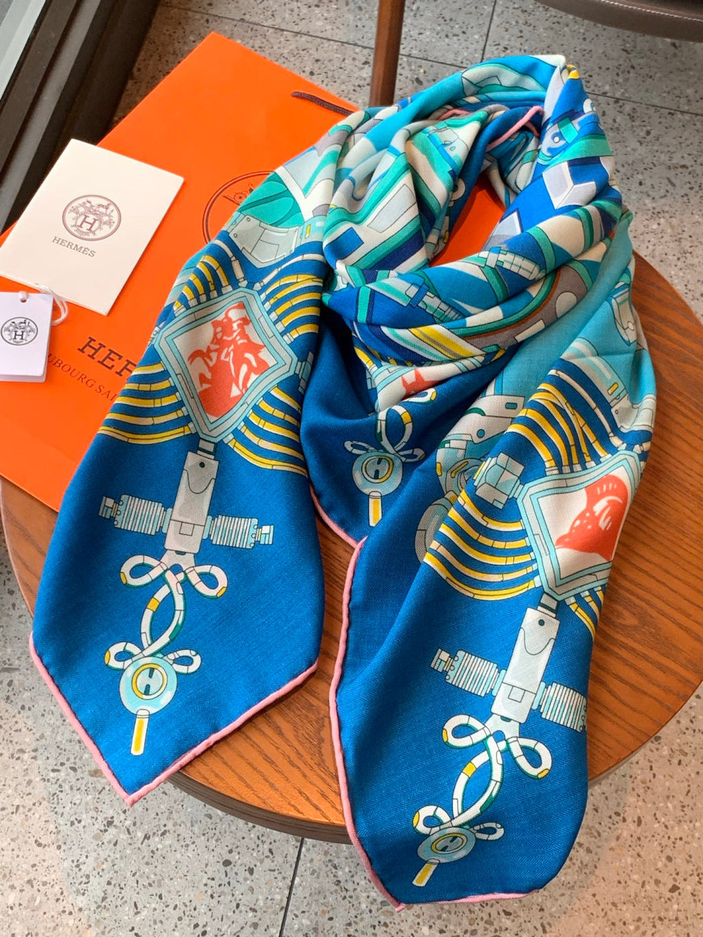 HM 26s Double-sided Scarf 140cm Blue Turquoise Silk Cashmere 153161