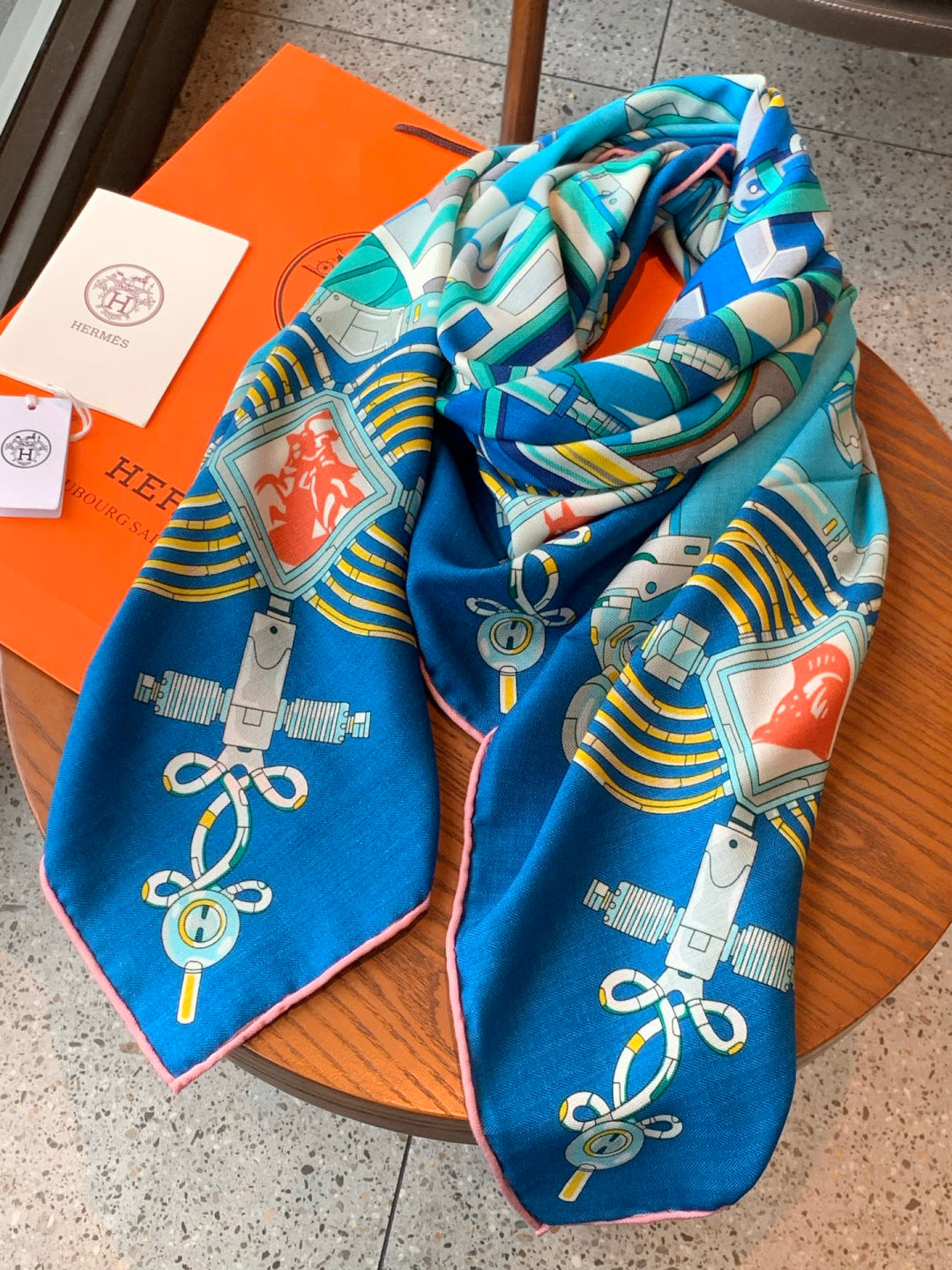 HM 26s Double-sided Scarf 140cm Blue Turquoise Silk Cashmere 153161