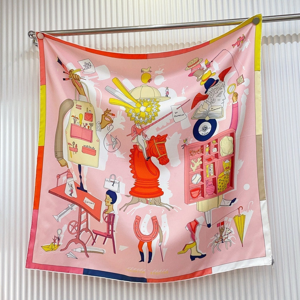 HM 26s Double-sided Scarf 90 Pink Multicolor Twill Silk 150374