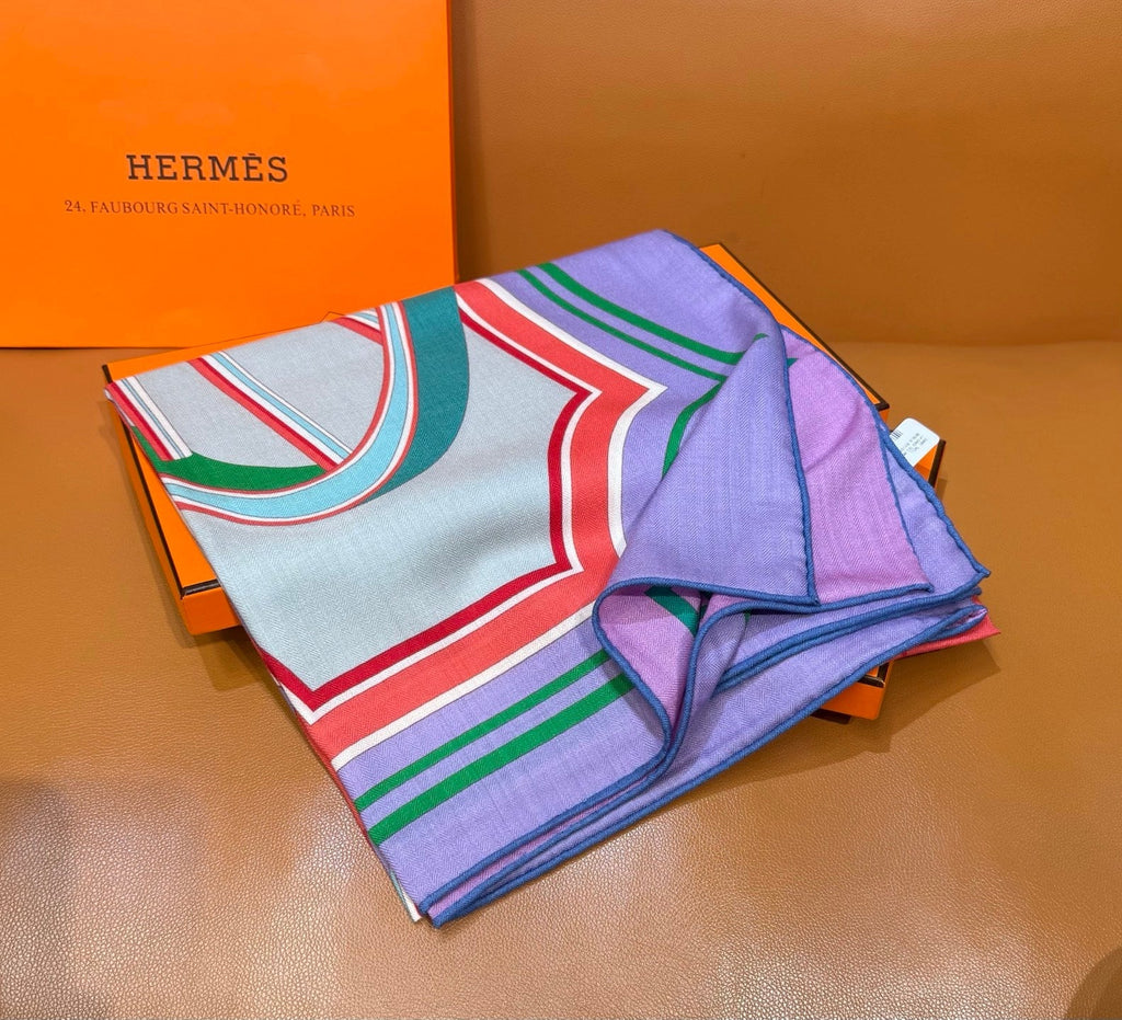 HM Les Roues de Phaeton Scarf 140x140cm Purple Yellow Silk Cashmere 269484