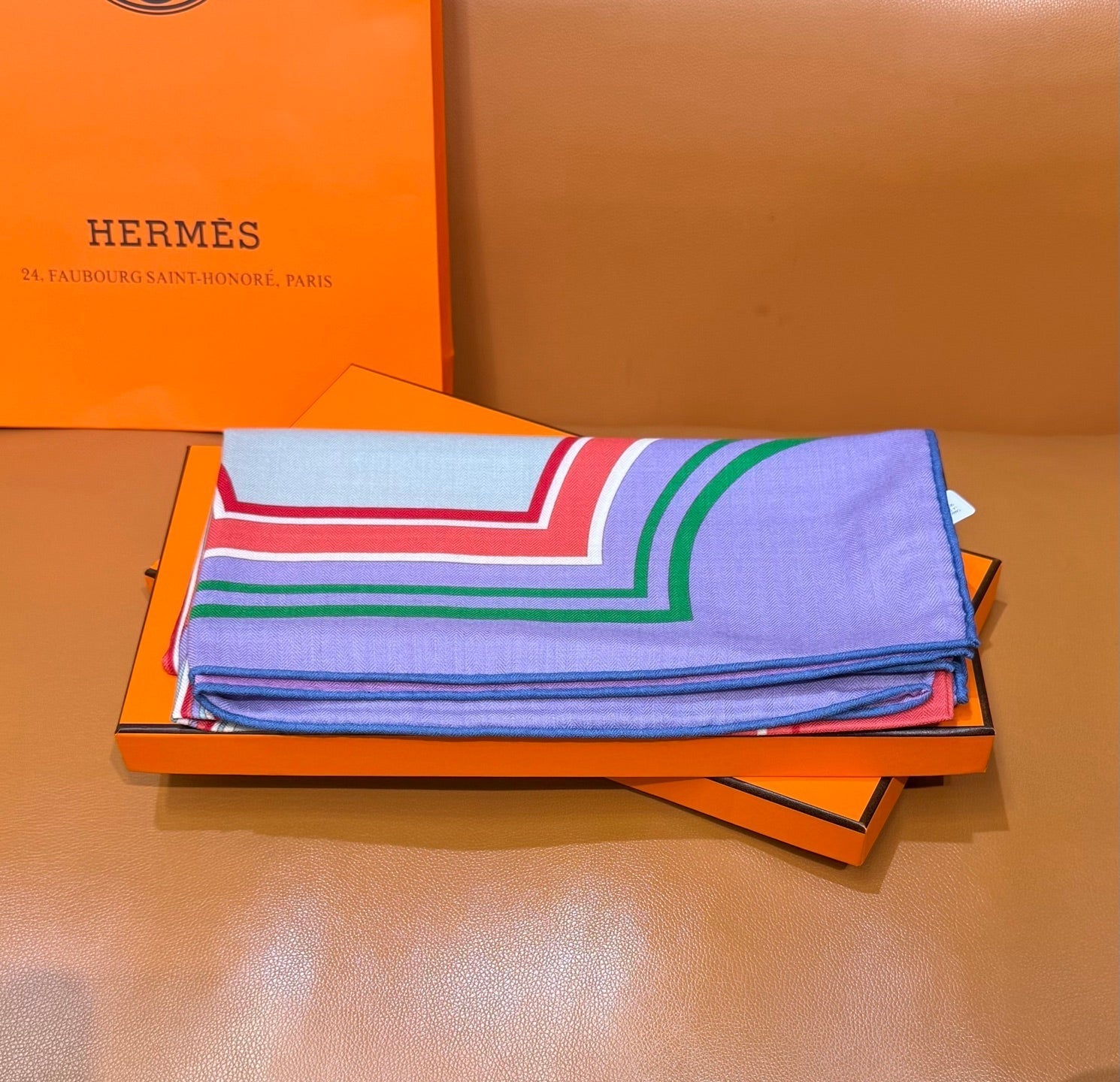 HM Les Roues de Phaeton Scarf 140x140cm Purple Yellow Silk Cashmere 269484