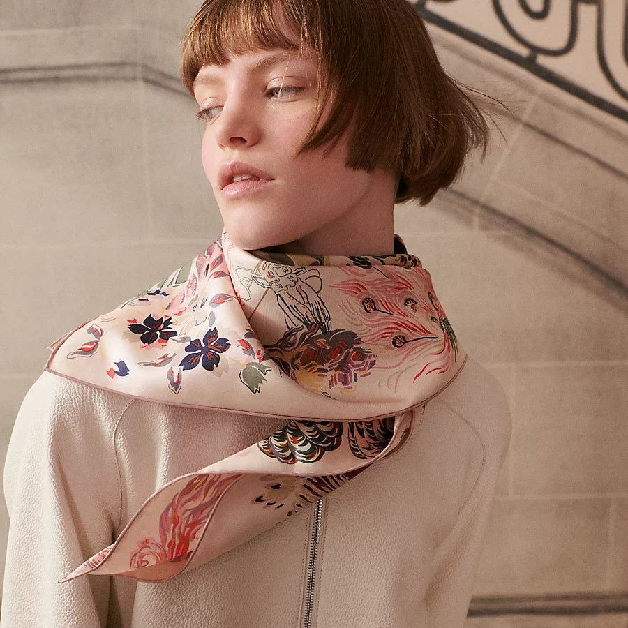 HM Emile et une Nuit Scarf 90x90 Pink Colorful Twill Silk 202553