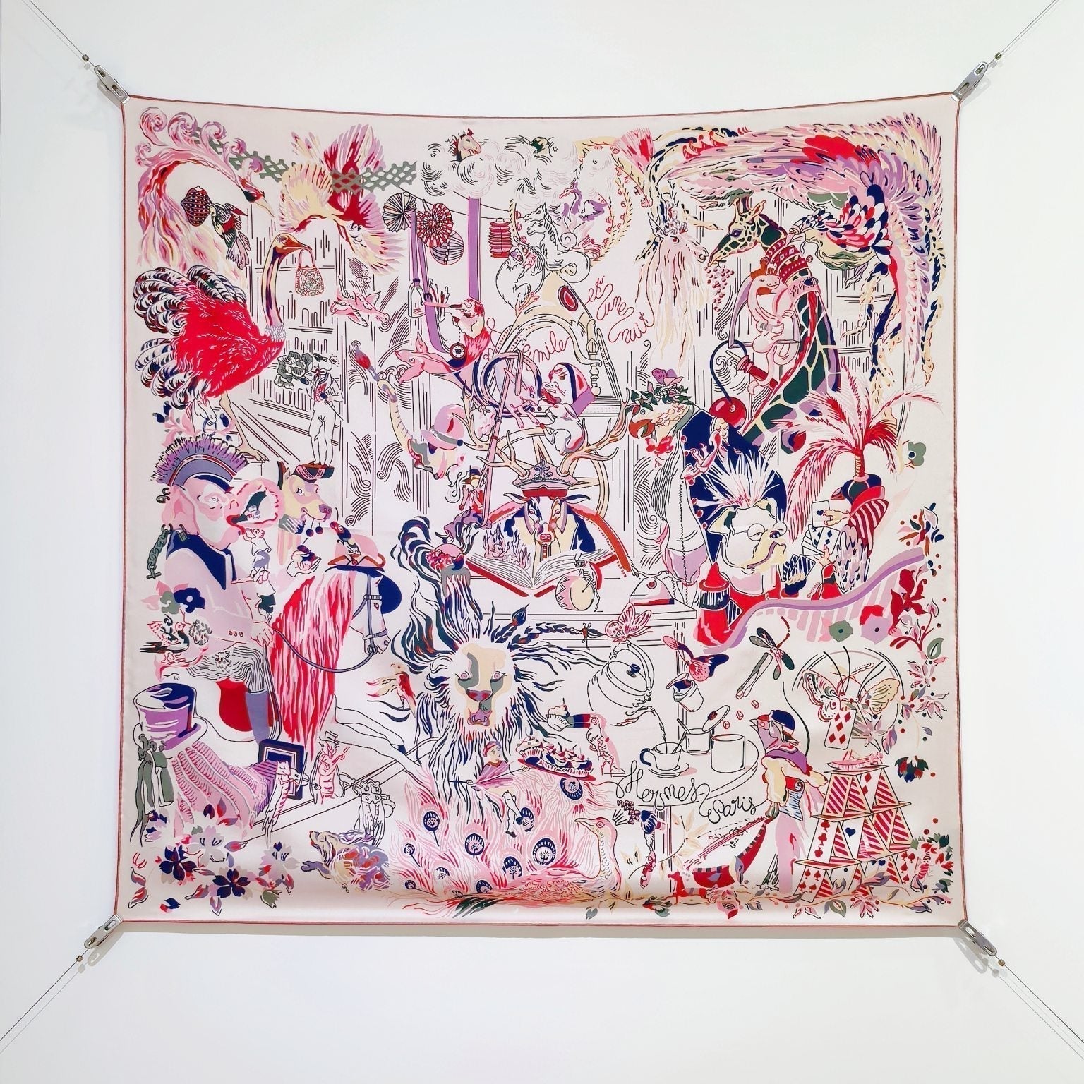 HM Emile et une Nuit Scarf 90x90 Pink Colorful Twill Silk 202553
