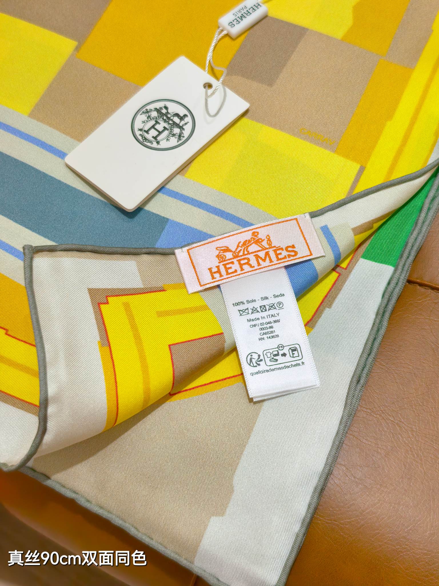 HM Carreaux Scarf 90x90 Yellow Colorful Twill Silk 198468