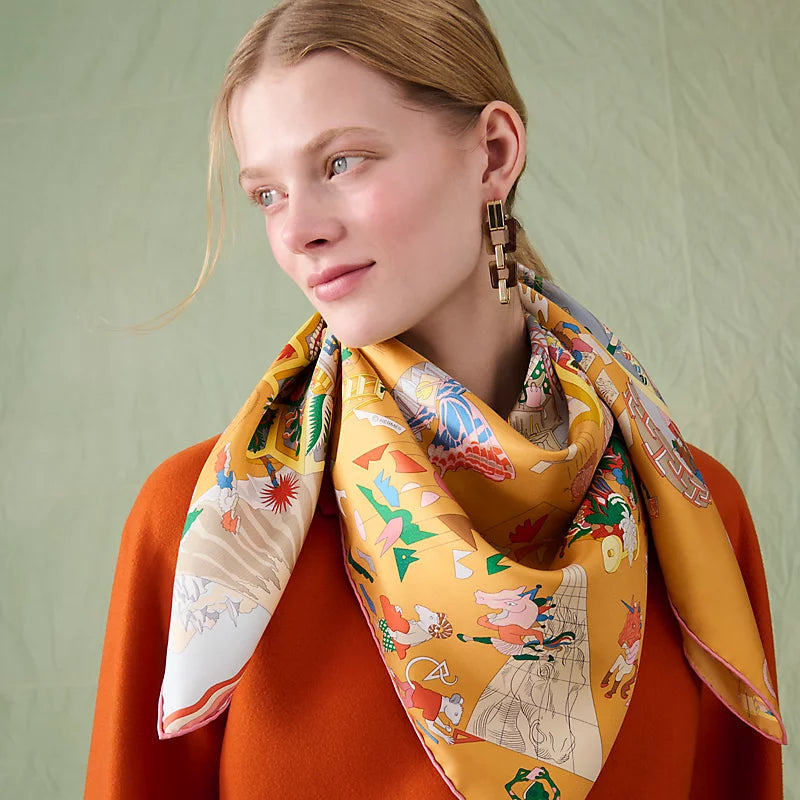 HM Academia Hippica Scarf 90x90cm Yellow Colorful Twill Silk 304592
