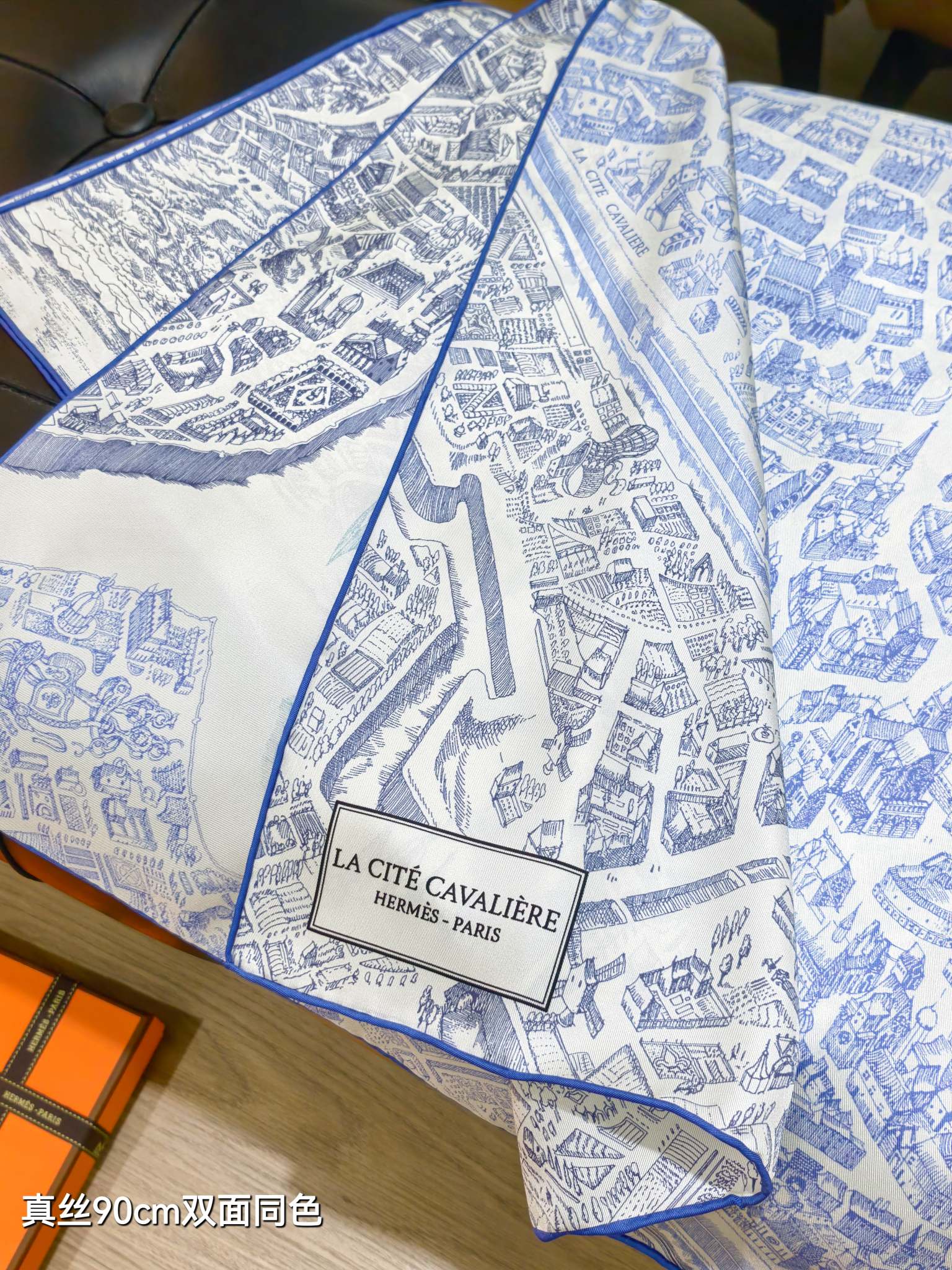 HM La Nouvelle Cite Cavaliere Scarf 90x90cm Blue Twill Silk 303283