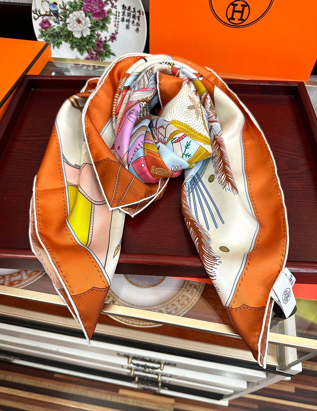 HM 25s Major Scarf 90cm Orange Colorful Cashmere 972934