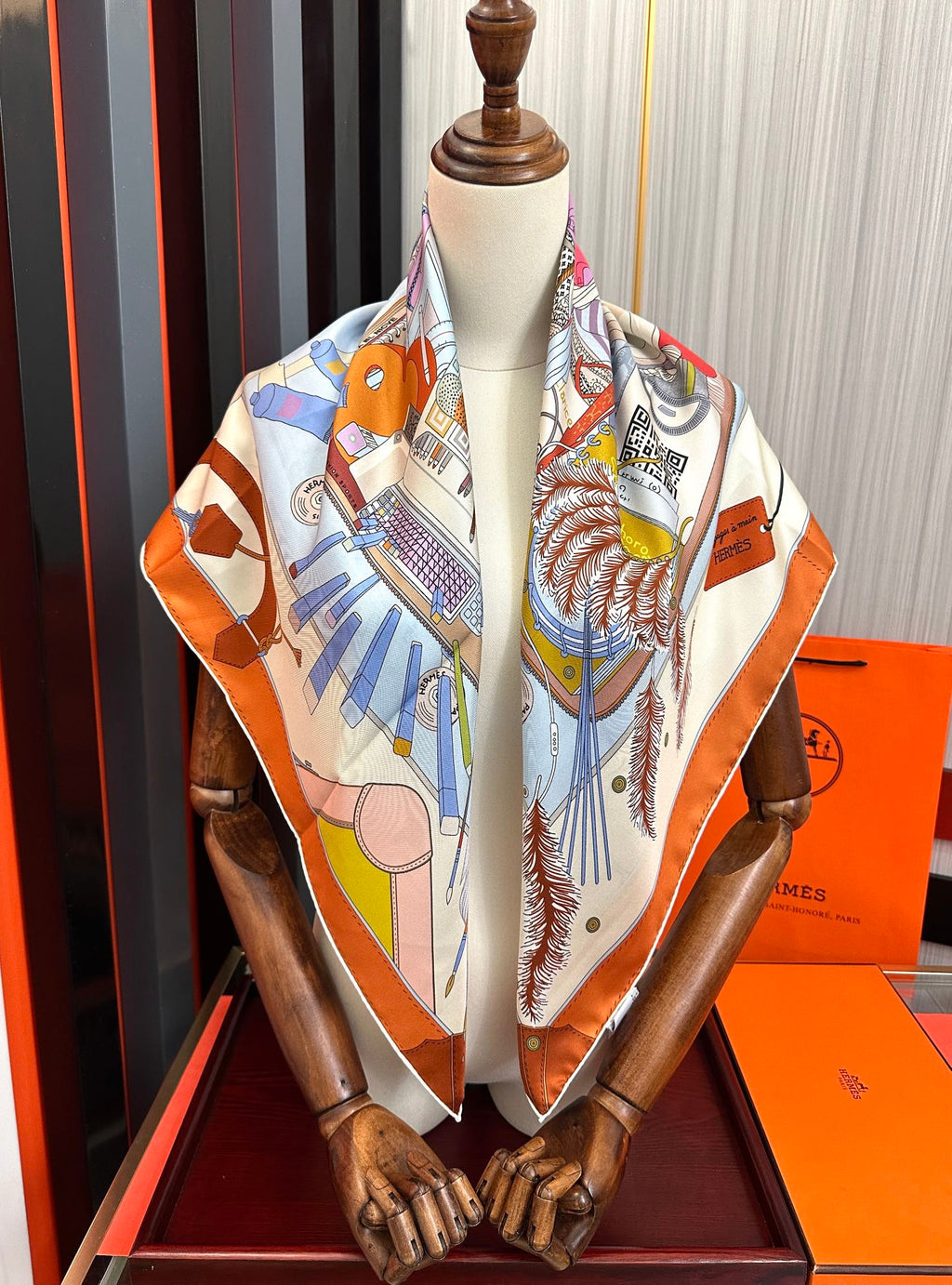 HM 25s Major Scarf 90cm Orange Colorful Cashmere 972934