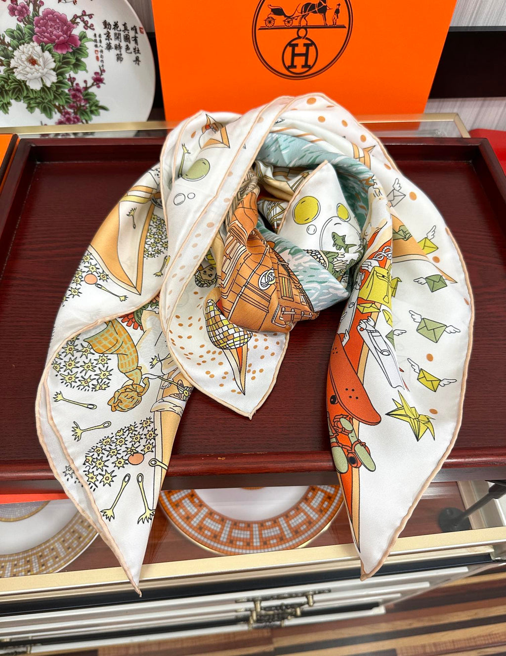 HM 25s Major Scarf 90cm Orange Beige Blue Cashmere 972937