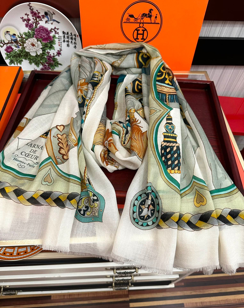 HM 25s Scarf 200cm White Beige Blue Cashmere 976425