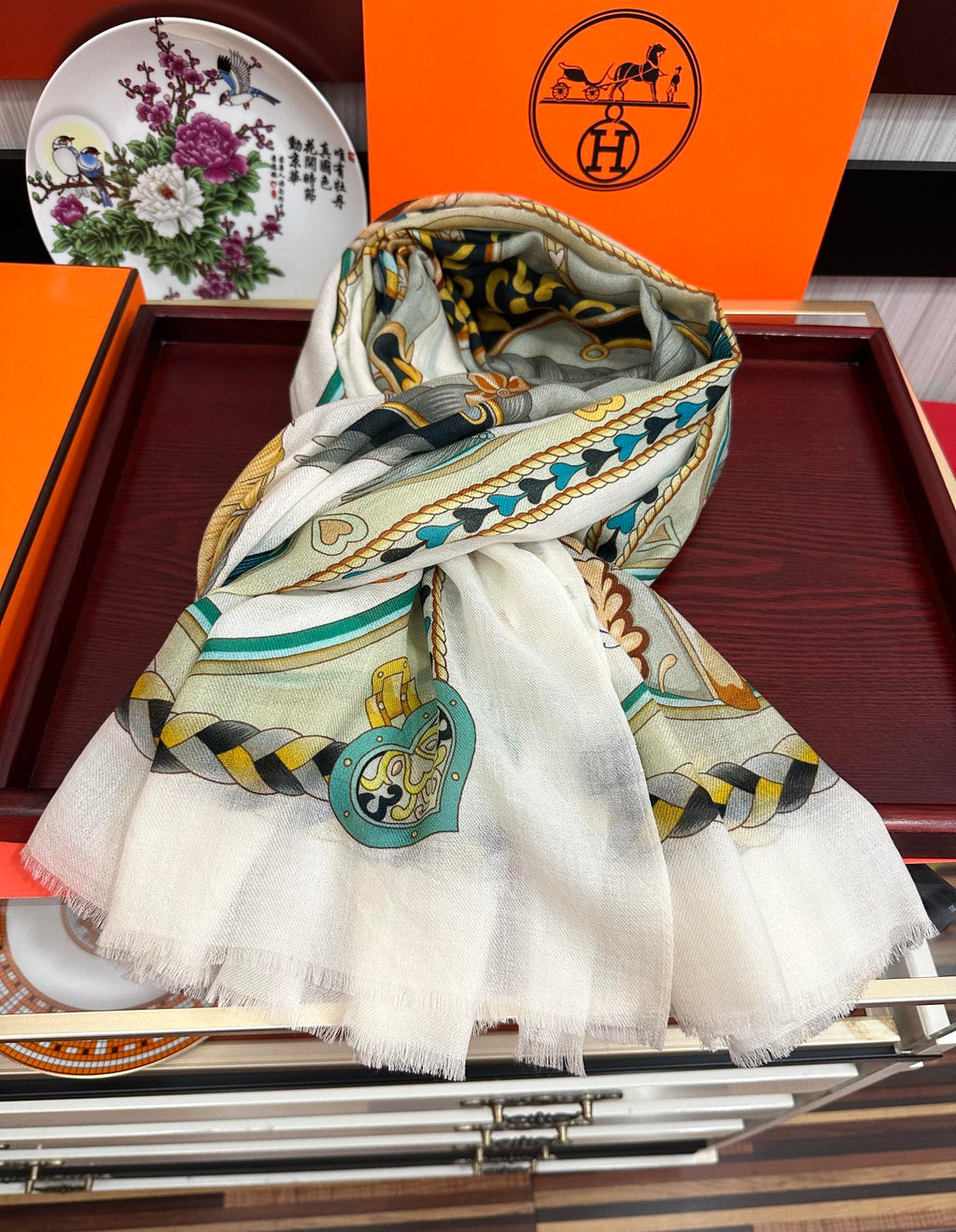 HM 25s Scarf 200cm White Beige Blue Cashmere 976425