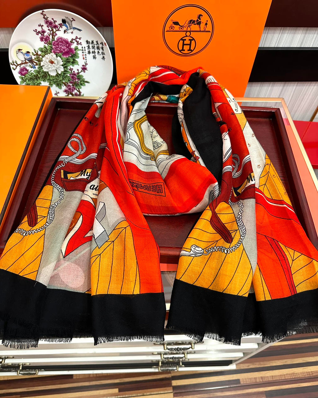 HM Newest Design Scarf 200CM Orange Black Cashmere 976450