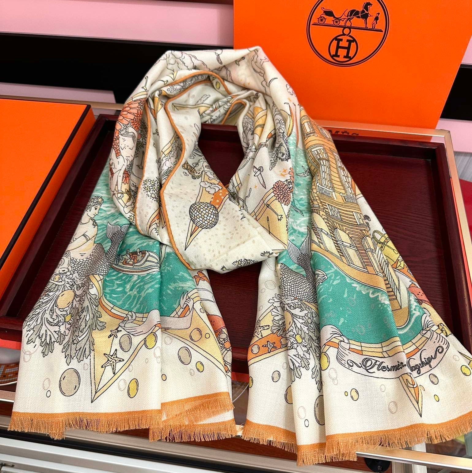 HM 26s Double-sided Scarf 185cm Creme Orange Vert Cashmere 153122