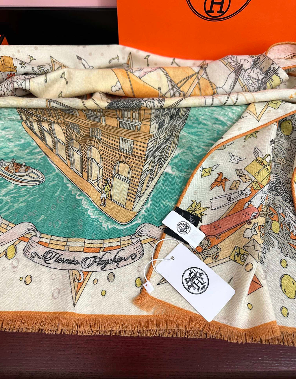 HM 26s Double-sided Scarf 185cm Creme Orange Vert Cashmere 153122