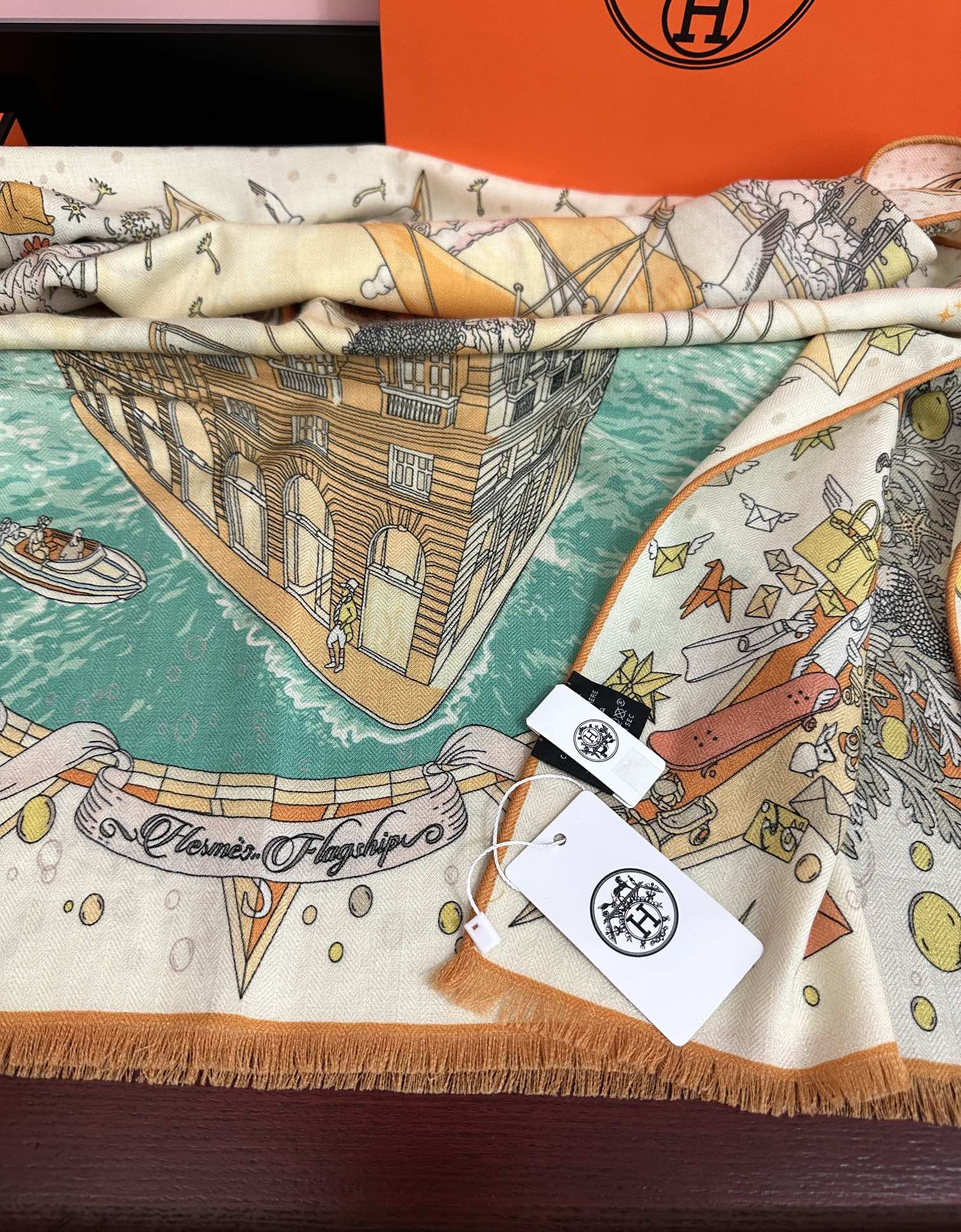 HM 26s Double-sided Scarf 185cm Creme Orange Vert Cashmere 153122