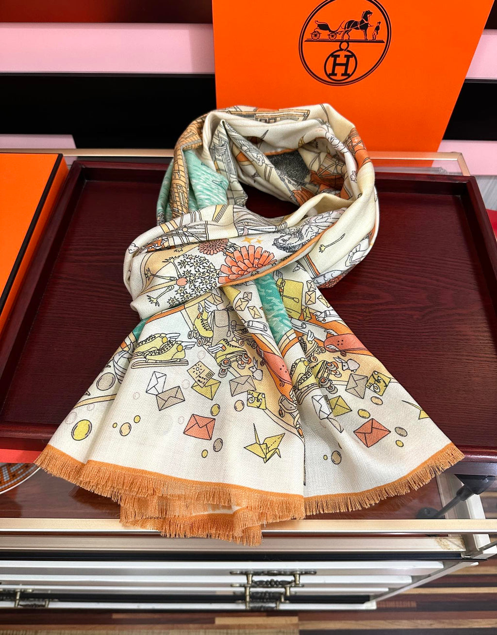 HM 26s Double-sided Scarf 185cm Creme Orange Vert Cashmere 153122