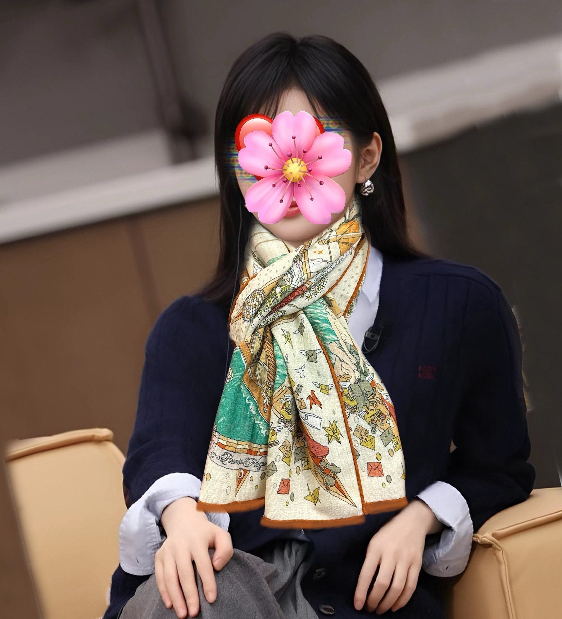 HM 26s Double-sided Scarf 185cm Creme Orange Vert Cashmere 153122