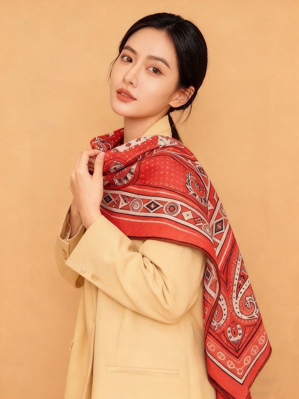 HM Cheval de Coeur Bandana Scarf 140*140cm Red Cashmere Silk 286287