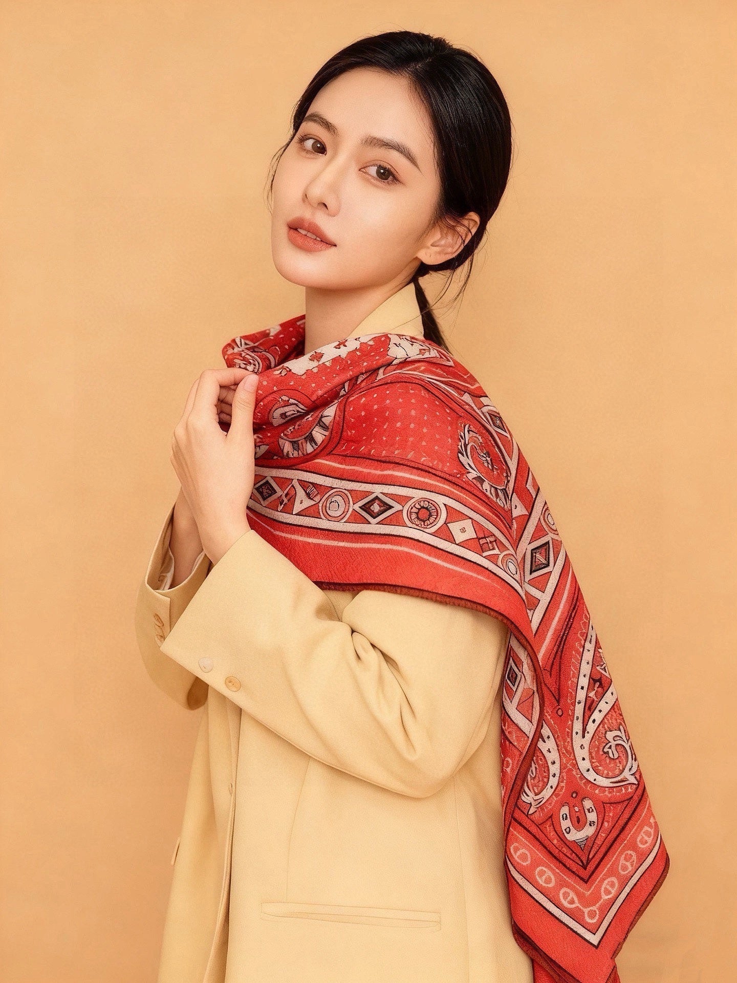 HM Cheval de Coeur Bandana Scarf 140*140cm Red Cashmere Silk 286287