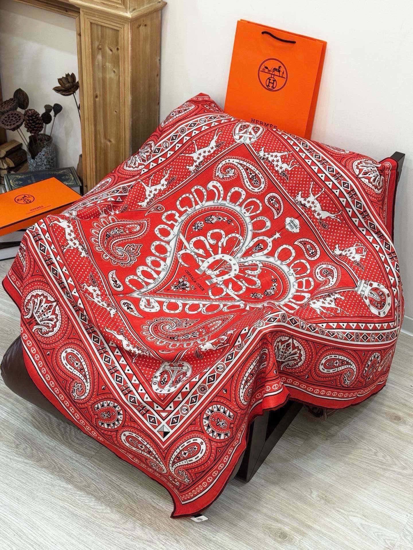 HM Cheval de Coeur Bandana Scarf 140*140cm Red Cashmere Silk 286287